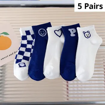 5 Párov Klein Modré Dámske Vtipné Karikatúry Jar A Na Jeseň Ponožky Harajuku Štýl Voľný Čas Skontrolovať Loď Ponožky