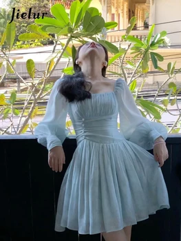 Jielur Jar Francúzsky Elegantné Krátke Party Šaty Pure Color Fairy Mini Šaty Bežné Dlhý Rukáv Kórejský Módne Šaty Žena Dizajn