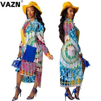 VAZN QM3849 Prílev Nových Tlač Priamo Vintage Šaty 2019 Obľúbené Horúce Bežné Kancelárske Príliv O-Krku Celý Rukáv Ženy Tenké Dlhé Šaty