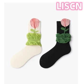 LISCN 2023 Nové Krásne Tulipán Kvetinový Ponožky Hit Farba Harajuku Bavlna Uprostred Trubice Ponožky Pre Ženy, Dievčatá Trendy Strany Šperky