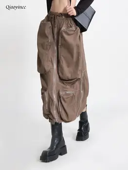 2023 Nové Patchwork Vrecka Sukne Pre Ženy Rovno Pevné Vysoký Pás Streetwear Ženské Oblečenie Midi Sukne