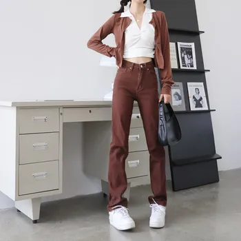 Nové dámske kórejský high street fashion jeans karamelovej farby bavlna úsek vysokej kvality s vysokým pásom straight-leg nohavice
