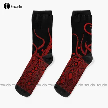 Červená Chápadlá Na Čierne Ponožky Červená Futbal Ponožky Mládež Vianoce, Nový Rok, Darček 360° Digitálna Tlač, Personalizované Vlastné Ženy Muži