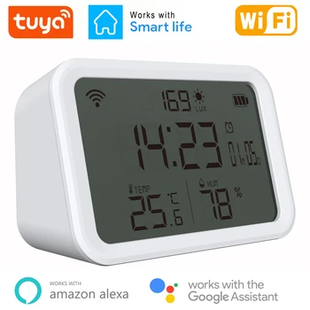 Tuya WIFI Teploty Vlhkosti Snímač Lux Svetlo Detektor Čas Budík Teplomer LCD Displej Smart Home Funguje Alexa Google