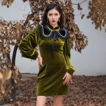 SIMEIZI Hanfu Lepšiu Čínsky Štýl Šaty pre Ženy 2023 Jar Velvet Zelená Štíhle Sexy Svadobné Qipao pre Dámy