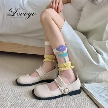 Módne Leto Ženy Ponožky Ultra-tenké Transparentné Kvet Sklo, Hodváb Ponožky Japonský Kawaii Roztomilý Čipky Prehrabať Crystal Hodváb Ponožky