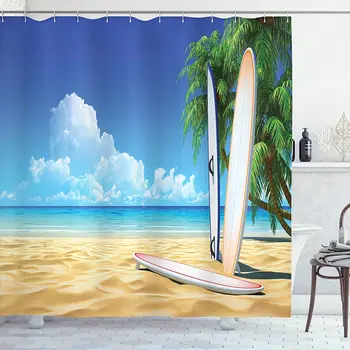 Tropická Sprcha Opony Surfovať Palube na Pieskovom Oceán, More Pokojné Idylické Pobreží Raj Obrázok Kúpeľňa Decor Set s Háčikmi