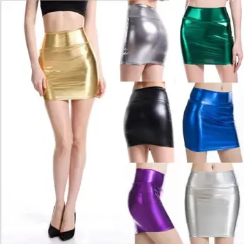 Kovové Zlato Mini Sukne Sexy Ženy, Vysoký Pás Bodycon PU Kože, Lesklé Striebro Klub Sukne