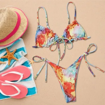 Nové dámske Plavky, Módne Tlač Split Bikini Set Čipky s Nízkym Pásom Brazílske Tangá Tankiny Plavky Sexi Plaviek Vyhovuje