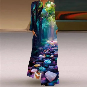 Nový Príchod 2023 Európsky a Americký Štýl dámske Šaty: Kvetinový Tlač tvaru Long-sleeve Maxi Šaty s Vreckami