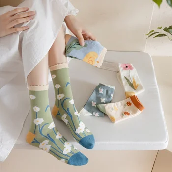 Nové Módne Tlač Ženy Ponožky Harajuku Kvetinový Vintage Bavlna Dlhé Ponožky Ženy Japonskej Módy Škole Štýl Dievčatá Posádky Ponožky