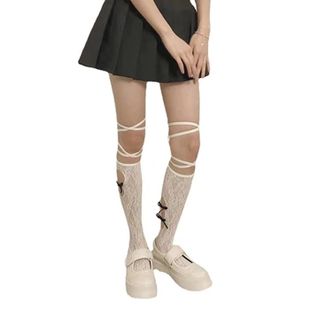 Ženy Sladké Lolita Čipky Teľa Ponožky Japonskej Škole Štýl Nepravidelný Strane Duté Otvory Bowknot Križujú Krajky-Up Obväz Top