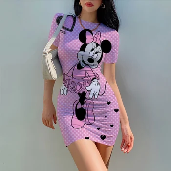 2023 Letné dámske Elegantné Ulici Šaty Tlač Sexy Štíhla Minnie Mouse Kombinézu Žien Bežné Karikatúra Disney Mickey Móda
