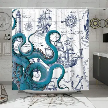 Modrá Námorných Octopus Sprchový Záves Zábavné Tichom Kraken Zvierat Chápadlá Plachetnici Kúpeľňa Decor Tkaniny, Záclony s Háčikmi