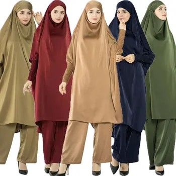Jilbab 2 Dielna Sada Satin Dubaj Turecko Ramadánu Moslimská Žena Modlitba Oblečenie Islamské Oblečenie Abaya Khimar+Širokú Nohu, Nohavice Nohavice