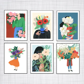Vintage Girl Strane Kvet, List Rastlinné Steny Umelecké Plátno Na Maľovanie Nordic Plagáty A Vytlačí Škôlky, Obrázky, Obývacia Izba Dekor