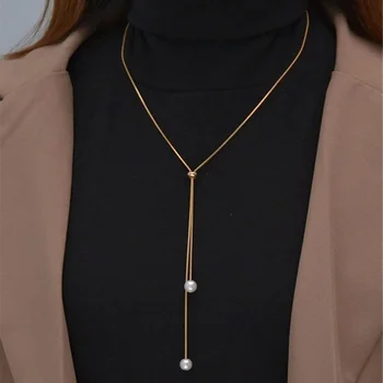 Módne Jednoduché Zlatá Farba Pearl Náhrdelníky pre Ženy Dlhý Strapec Vytiahnuť Dizajn Clavicle Reťaze Náhrdelník Šperky Collares