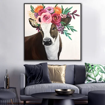 Kvet krava nástenné maľby umenie nordic plátno maľovaní plagátov pre obývacia izba dekorácie, obrázky na stenu bez rámu