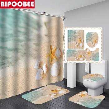 3D Letné Beach Kúpeľňa so Sprchou Záclony Domova Textílie Vaňou Opony Hviezdice Shell Seascape Vaňa Mat Koberec, Wc Veko Krytu
