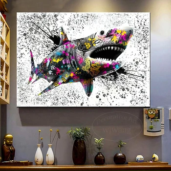 Žralok Graffiti Plátno na Stenu Umenie,Žralok Silný Graffiti Plagát, Tlač Moderný Pop Art Izba Dekor, pre Milovníkov Zvierat Domáce Dekorácie