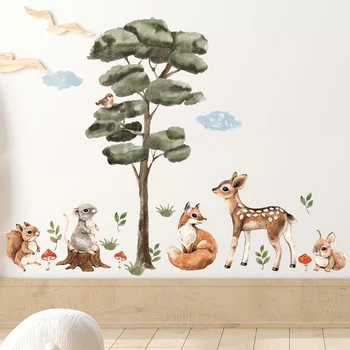Akvarel Strom a Lesné Zvieratá Samolepky na Stenu pre Deti Izba Dekor Cartoon Lesný Líška, Zajac Stenu pre Detská Izba Spálňa