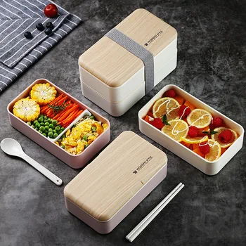 Prenosné Hermetické Lunch Box 2 Vrstvy Mriežky Deti Študent Bento Box s Prútika Lyžice Mikrovlnnej Bento Lunch Box