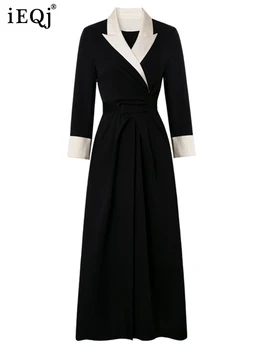 IEQJ High-end Elegantný Kontrast, Farebné Šaty s Drážkou Dlhým rukávom Luxusné Šaty Pre Ženy 2023 Nové Jarné Oblečenie 3WQ3072