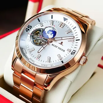 Útes Tiger Originálne Mužov Kostra Automatické Obchodné Náramkové hodinky SS316 Ocele Viaceré Časové Pásmo Sapphire Crystal Muž Bežné Hodiny