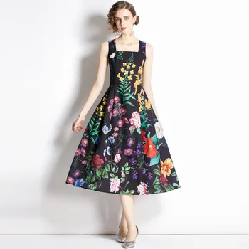 2023 Letné Šaty nový dizajn oblečenie pre ženy Eleganciu retro vytlačené vysoký pás podväzkové šaty strednej dĺžky Riadku sukne