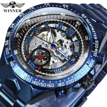 VÍŤAZ Navy Mens Sledovať Klasické Kostra Mechanické Hodinky Top Značky Luxusná Nerezová Oceľ Remienok Modrá Automatické náramkové hodinky