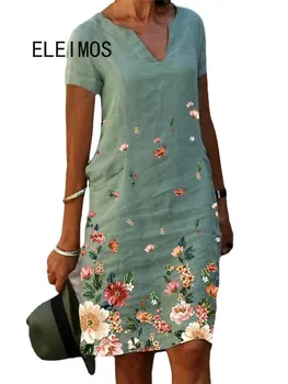 ELEIMOS S-6XL Hot-Predaj Kvetinový Tlač Bavlnená posteľná Bielizeň Krátke Rukáv V Krku Midi Šaty