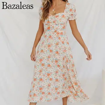 2023 elegantné dámske šaty Vintage Krátkym Rukávom Letné Strane Split Midi Šaty Francúzsko Kvetinový Tlač party šaty