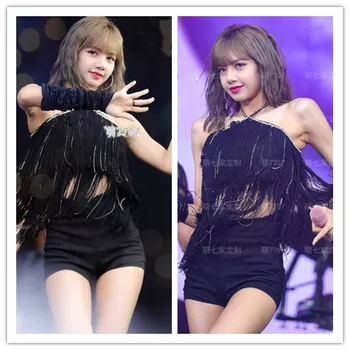 Kpop Kórejský Celebrity Nová Biela Strapec Sexy Bez Rukávov Košieľka Vesta Topy A Čierne Slim Vysoký Pás Šortky Ženy 2 Kus Oblečenie